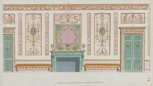 Interior Ornamented Wall with Doors and Fireplace, nos. 344–350, plate 52 from "Designs for Various Ornaments"