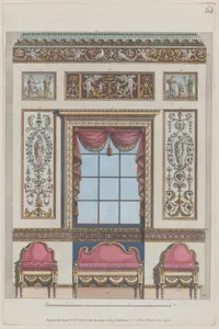 Interior Ornamented Wall with Window and Furniture, nos. 411–424, plate 64 from "Designs for Various Ornaments"