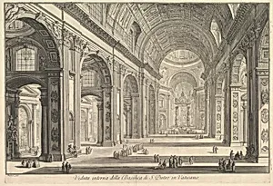 Interior view of St. Peter's Basilica in the Vatican, from "Vedute di Roma" (Roman Views) by Giovanni Battista Piranesi|Giovanni Bouchard
