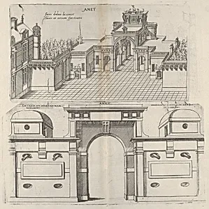 Interior View of the Court Yard and Frontal View of the Defense Mechanism at Chateau d'Anet by Jacques Androuet Du Cerceau
