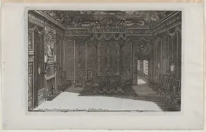Interior with a Canopy Bed and a Row of Chairs Lining the Walls, from Nouveaux Liure da Partements, part of Œuvres du Sr. D. Marot