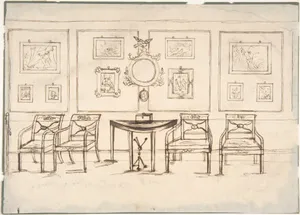 Interior with Four Armchairs, a Round Mirror, Demilune Table and Framed Prints or Drawings