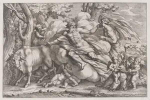 Io at the left as a cow, Jupiter on a cloud in the centre and Juno at the right with putti holding an eagle captive in the lower right