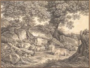 Italian Landscape with Trees, Rocks and a Resting Deer