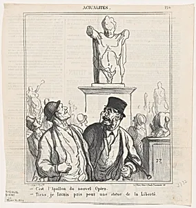 –It's the Apollo of the new opera. –Well, I had taken it for the statue of liberty, from 'News of the day,' published in Le Charivari, June 4, 1870 by Arnaud de Vresse|Honoré Daumier|Walter Frères