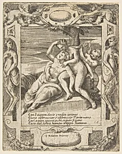 Ixion embracing a cloud, thinking it is Juno, Cupid at the right, set within an elaborate frame, from "Loves, Rages and Jealousies of Juno" by Giulio Bonasone