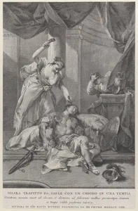 Jael hammering a tent peg into the temple of the sleeping Sisera, to the right a servant hides behind a curtain; from the series of 112 prints of the sacred history, after the painting by Giovanni Battista Pittoni