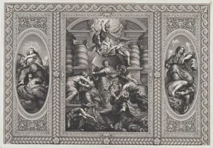 James I appointing Charles as King of Scotland at center, Minerva spearing Ignorance at right, and Hercules beating Envy at left