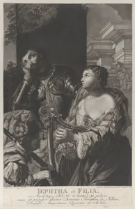 Jephtha dressed in armor looking up in despair, and his daughter holds a harp at right