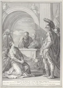 Jephthah's daughter kneeling by the sacrificial altar, with her father standing at right