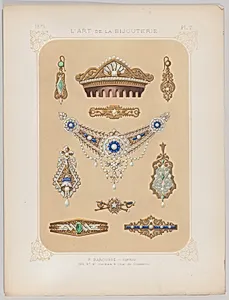 Jewelry Designs in Gold, Diamonds and Other Precious Stones, Plate 7 from "L'Art de la Bijouterie" by Librairie Polytechnique Baudry et Cie.|Jean Francois Barousse