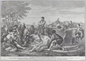 Joseph being sold into slavery by his brothers, who sit around a well dividing up the coins