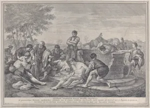 Joseph being sold into slavery by his brothers, who sit around a well dividing up the coins