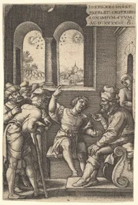 Joseph explains his dream to his brothers and father in an interior setting; the sun, moon, and stars above a landscape in the portal beyond, from the series 'The Story of Joseph'