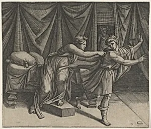 Joseph fleeing from Potiphar's wife by Marcantonio Raimondi|Raphael (Raffaello Sanzio or Santi)