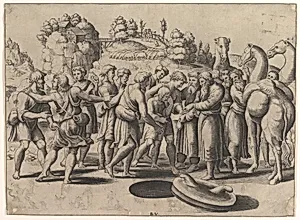 Joseph in the centre being sold by his brothers standing above a well, camels at the right by Master of the Die|Raphael (Raffaello Sanzio or Santi)