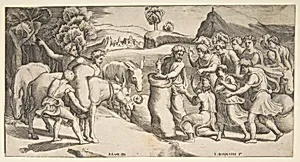 Joseph's cup being discovered in Benjamin's sack of grain by Giulio Bonasone|Raphael (Raffaello Sanzio or Santi)