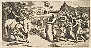 Joseph's cup being discovered in Benjamin's sack of grain by Raphael (Raffaello Sanzio or Santi)|Giulio Bonasone|Pietro de' Nobili|Monogrammist PVO