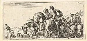 Journey of Jacob and Rachel to the land of Canaan, Rachel directs a horse towards the left, various other animals follow by Stefano della Bella