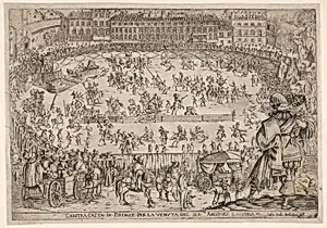 Joust held in Florence for the arrival of the archduke of Austria, an oval arena with many horsemen and pedestrians, spectators in carriages in the foreground, a row of houses at center in the background, from 'Combattimento e balletto a cavallo' by Stefano della Bella
