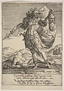 Judah with the Head of Adonibezek, from Willem van Haecht, Tyrannorum proemia, 1578 by Hieronymus (Jerome) Wierix|Maerten de Vos|Willem van Haecht I