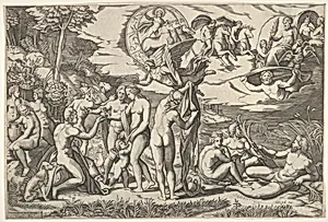 Judgment of Paris: Paris extends his hand toward Venus, who stands between Juno and Minerva, surrounded by reclining and seated figures; above are a winged figure carrying a laurel wreath, a charioteer driving four horses, Castor and Pollux, and Jupiter accompanied by Ganymede, an eagle, Diana, and two other female figures by Marcantonio Raimondi|Raphael (Raffaello Sanzio or Santi)|Antonio Salamanca