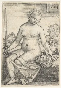 Judith, seated nude with a sword in her right hand, gazing down at the head of Holofernes in her left hand