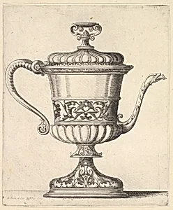 Jug with lid, engraved with arabesque pattern, the narrow spout to right ending in snake's head, handle to left. by Wenceslaus Hollar|Hans Holbein the Younger