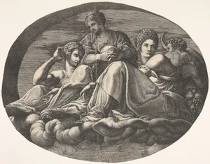 Juno and two goddesses reclining on clouds with two child figures and fruits at right, an oval composition, from a series of eight compositions after Francesco Primaticcio's designs for the ceiling of the Ulysses Gallery (destroyed 1738-39) at Fontainebleau