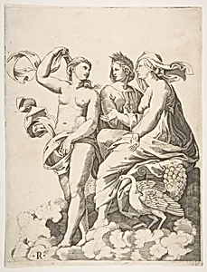 Juno, Ceres, and Psyche in the clouds conversing, Juno seated with a peacock at her feet, Ceres wearing a garland of wheat and Psyche partially naked and holding a cloth by Marco Dente|Giulio Romano|Raphael (Raffaello Sanzio or Santi)