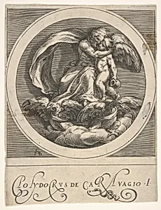 Jupiter, seated above two eagles and embracing Cupid, a round composition from a series of mythological scenes after Polidoro da Caravaggio by Cherubino Alberti (Zaccaria Mattia)|Polidoro da Caravaggio