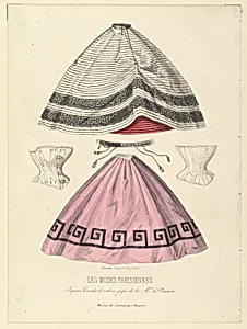 Jupons, corsets et relève jupe de la Maison de Plument, from Les Modes Parisiennes Illustrées by Anonymous, French, 19th century|Imprimerie Moine