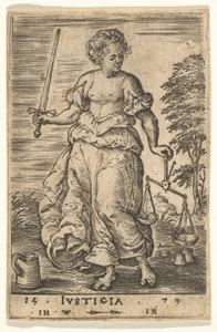Justice, an allegorical figure holding a balance in her left hand and a sword in her right, from "The Seven Virtues and Knowledge"