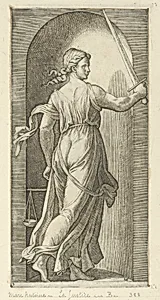 Justice personified by a young woman holding a sword in her raised right hand, scales in her left, from 'The Virtues' by Marcantonio Raimondi|Raphael (Raffaello Sanzio or Santi)