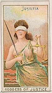 Justitia, Goddess of Justice, from the Goddesses of the Greeks and Romans series (N188) issued by Wm. S. Kimball & Co. by Ketterlinus Lithography Company|William S. Kimball & Company