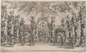 Kingdom of Pluto; a view of the underworld with Pluto and Proserpina enthroned at center, surrounded by demons; set design from 'Il Pomo D'Oro'