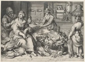 Kitchen Scene with a Maid Drawing Poultry, the Parable of the Rich Man and the Poor Lazarus, from Kitchen and Market Scenes with Biblical Scenes in the Background