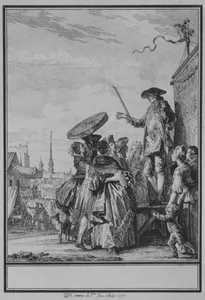 La Foire de Gonesse, from Choix de chasons mises in musique par M. De La Borde, Premier Valet-de-Chambre ordinaire du Roi, Gouverneur du Louvre. Ornées d'Estampes Par J.M. Moreau, Dédiées à Madame la Dauphine. A Paris Chez de Lormel, Imprimeur de l'Academie Royale de Musique rue du Foin Siant-Jacques. MDCCLXXIII. Avec Aprobation et Privilège du Roi. Gravées par Moria et M.lle Vendôme