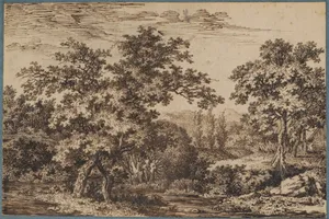 Landscape; a small island with two trees surrounded by water on the left; a tree by a cottage on the right