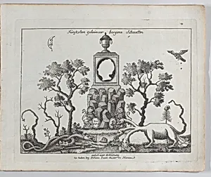 Landscape containing fifteen silhouettes by Maximilien-François-Marie-Isidore de Robespierre|Marie Thérèse Charlotte of France|Catherine II, Empress of Russia|Louis XVII|Louis XVI, King of France|Marie Antoinette, Queen of France|Anonymous, German, 18th century
