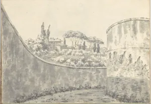 Landscape with a Curved Wall, Round Tower and Distant Villa (Smaller Italian Sketchbook, leaf 8 recto)