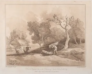 Landscape with a Figure Carrying a Bundle of Branches, a Copice Behind, Two Cows in a Field at Left