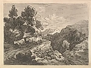 Landscape with a Figure Herding Cattle Along a Road Beside a Cottage, a Hillside at Left, a Forest in the Valley Below at Right by Thomas Rowlandson|Thomas Gainsborough