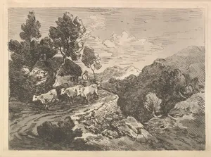 Landscape with a Figure Herding Cattle Along a Road Beside a Cottage, a Hillside at Left, a Forest in the Valley Below at Right