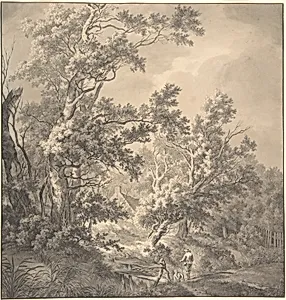 Landscape with a House Hidden Between Trees and Two Men Near a Small Bridge by Franciscus Andreas Milatz