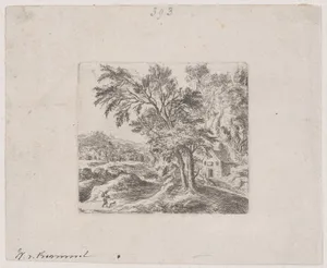 Landscape with a man and a dog at lower left, two trees and a house at right, hills in far distance