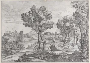 Landscape with a man holding a snake to a terrified child, watched by a fashionably dressed couple on the riverbank at right