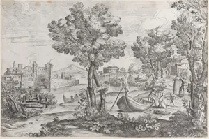 Landscape with a man holding a snake to a terrified child, watched by a fashionably dressed couple on the riverbank at right