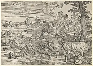 Landscape with a milkmaid at right and a boy at left by Titian (Tiziano Vecellio)|Nicolò Boldrini