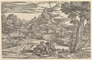Landscape with a woman seated next to a man playing a hurdy-gurdy